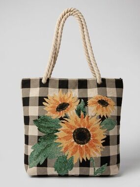 Sunflower and Black Gingham Canvas Tote Bag with Nautical Rope Handles